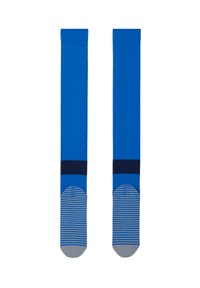 Blauwe kniekousen met een contrasterende marineband en een gestreept grijs teenstuk. Gemaakt van een gladde, rekbare stof.