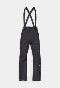 Czarne spodnie narciarskie z regulowanymi krzyżowymi ramiączkami, zamkami błyskawicznymi na nogawkach oraz wzmocnieniami na kolanach. Wykonane z trwałego, wodoodpornego materiału.