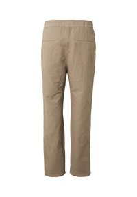 Pantalon beige à jambe droite avec taille élastique et deux poches passepoilées à l'arrière, présenté de dos sur fond blanc.