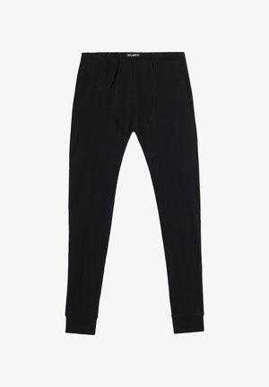 Czarne długie majtki z dopasowanym krojem, elastycznym pasem i przednią kieszonką. Wykonane z gładkiego materiału, z zwężającymi się nogawkami i ściągaczami.