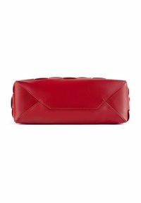 Red rectangular leather bag with a smooth texture, featuring subtle seam detailing and rounded accents along the side.