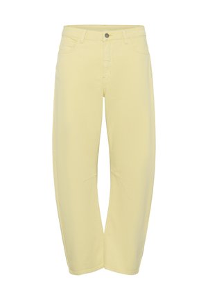Pantalon droit taille haute jaune clair avec bouton à l'avant, fermeture éclair et poches latérales, présenté sur fond blanc.