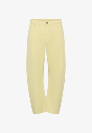 Lichtgele, recht gesneden broek met hoge taille, voorste knoop, ritssluiting en zijzakken, afgebeeld op een witte achtergrond.