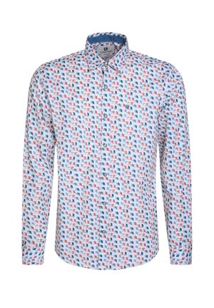 Lange mouwen overhemd met knopen, met een lichtblauwe achtergrond en een geometrisch patroon in rood, marineblauw en wit. Zachte stof met een gestructureerde kraag.