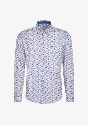 Camicia a maniche lunghe con bottoni, caratterizzata da uno sfondo azzurro chiaro e un motivo geometrico in rosso, blu navy e bianco. Tessuto morbido con colletto strutturato.