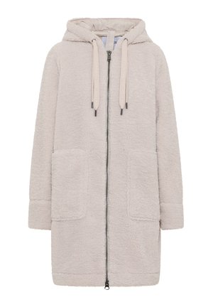 Manteau teddy long beige clair avec capuche, fermeture éclair avant, cordons de serrage avec texte et deux grandes poches avant.