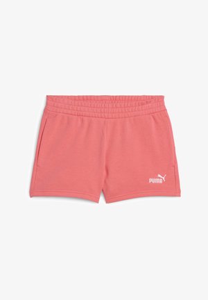 Shorts de sport roses en tissu doux, avec une taille élastique, des poches latérales et un logo Puma blanc en bas à droite.
