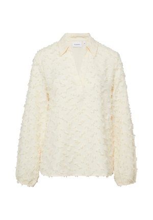 Cremefarbene Langarmbluse mit strukturierten Punktemustern, V-Ausschnitt, Kragen und elastischen Bündchen.