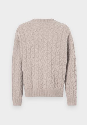 Cable-knit sweater in light beige, featuring a round neckline, ribbed cuffs, and hem, with a textured pattern throughout the fabric.