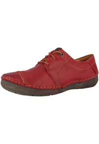 Scarpa in pelle rossa con punta arrotondata, suola in gomma marrone e cuciture visibili. Presenta un design con lacci e dettaglio del logo sul lato.