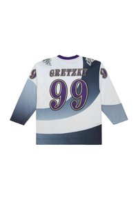 Maglia da hockey a maniche lunghe in bianco, grigio e viola. Presenta il nome "GRETZKY" e il numero "99" sul retro. Materiale sintetico liscio; design moderno.