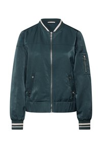 Veste bomber en satin teal avec fermeture éclair sur le devant, col côtelé, poches latérales et poignets élastiques. Présente des accents rayés sur les poignets.