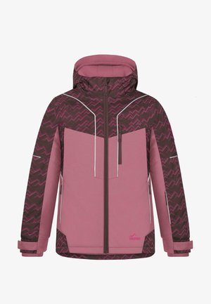 Rosa und braune Skijacke mit Zickzackmuster, ausgestattet mit hohem Kragen, Reißverschlusstaschen und reflektierenden Details entlang der Nähte.