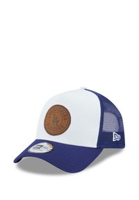 Los Angeles Dodgers Cap mit weißer Vorderseite, blauer Krempe, Netzseiten und einem runden braunen Lederpatch mit geprägtem Logo.