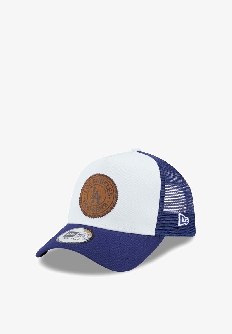 Los Angeles Dodgers Cap mit weißer Vorderseite, blauer Krempe, Netzseiten und einem runden braunen Lederpatch mit geprägtem Logo.