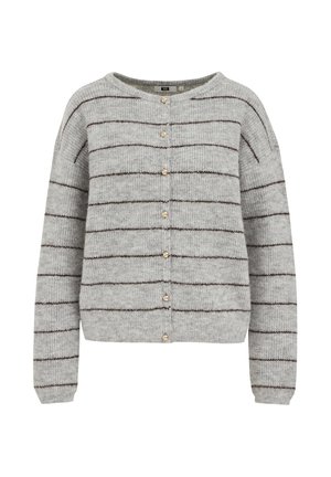Grijze gebreide cardi met horizontale bruine strepen. Ronde halslijn, lange mouwen en vijf goudkleurige knopen aan de voorkant.