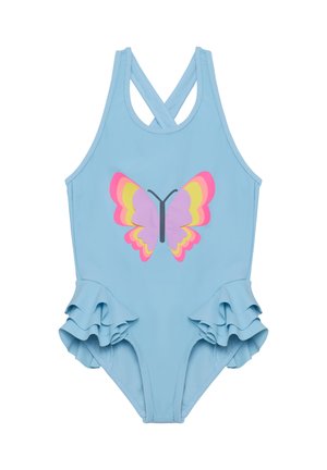 Maillot de bain une pièce bleu clair avec bretelles croisées et détail volanté sur les hanches. Présente un motif coloré de papillon à l'avant.