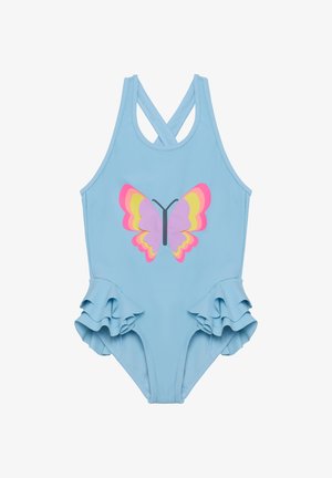 Maillot de bain une pièce bleu clair avec bretelles croisées et détail volanté sur les hanches. Présente un motif coloré de papillon à l'avant.