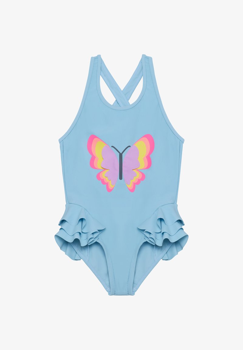 Maillot de bain une pièce bleu clair avec bretelles croisées et détail volanté sur les hanches. Présente un motif coloré de papillon à l'avant.
