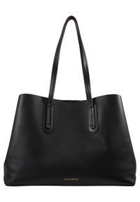 Sort læder tote bag med en pebret tekstur, åben top, to lange håndtag og et guld logo nederst. Simpelt, ubrugt design.