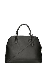 Borsa a tracolla in pelle nera con forma strutturata, doppi manici superiori e tracolla removibile. Superficie testurizzata con chiusura a zip e dettagli in metallo.