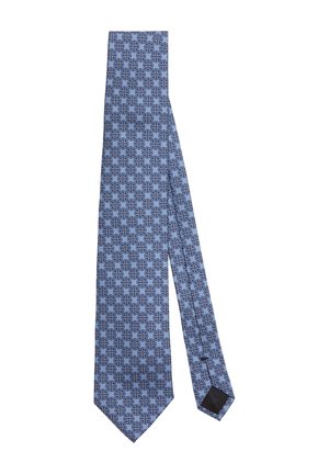 Cravate bleue présentant un motif circulaire répétitif avec des accents foncés. Fabriquée en tissu lisse, elle a une pointe et une étiquette noire au dos.