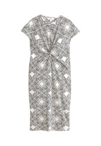 Zwart-witte jurk met patroon en korte mouwen, met een gedraaide voorkant en geometrische vormen over de hele stof.