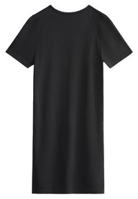 Abito nero a maniche corte realizzato in tessuto liscio. Presenta una scollatura rotonda e una vestibilità comoda, che arriva fino al ginocchio. Senza fantasie né decorazioni.