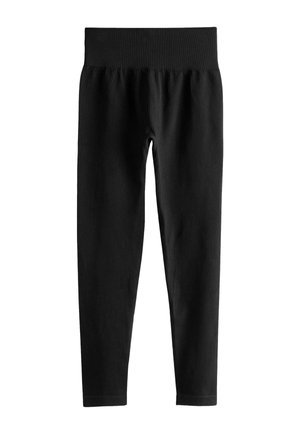 Schwarze, gerippte Leggings mit hohem Bund und breitem elastischem Taillenbund, schmaler Schnitt in voller Länge, ohne sichtbare Logos oder Muster.