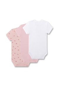 Drei kurzärmelige Bodysuits: einer mit Regenbogenmuster auf zartem Rosa, einer einfarbig hellrosa und einer schlicht weiß, alle aus Baumwolle.