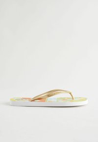 Küpsed flip-flop'id valge tallaga, millel on värvikirev ja mustriline jalapadi. Kuldsetest kummirihmadest sujuva tekstuuriga. Disain sisaldab heledaid pastelsetes värvitoonides.