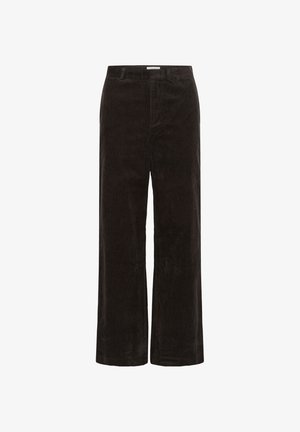 Pantalones de tergal negros de pierna ancha con un patrón de canalé vertical texturizado, que presentan una cintura de altura media y un ajuste clásico.