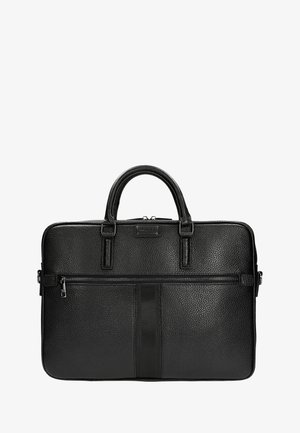 Black leather briefcase with a textured finish, dual handles, zipper closure, and a front pocket with a horizontal accent panel.