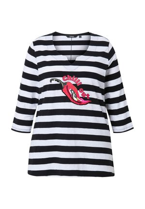 Schwarzes und weiß gestreiftes Tunika mit V-Ausschnitt und Dreiviertelärmeln, mit einem roten Chili-Pfeffer Grafik und besticktem Text "Chill Out."