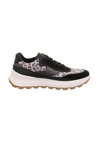 Sportliche Sneakers mit einem Obermaterial aus schwarzem Leder mit pinkem und schwarzem Leopardenmuster, weißer Zwischensohle und strukturiertem Gummisohle.