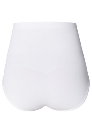 Hoch geschnittene weiße nahtlose Unterwäsche aus weichem, dehnbarem Stoff mit einer glatten, gerippten Textur und ohne sichtbare Nähte.