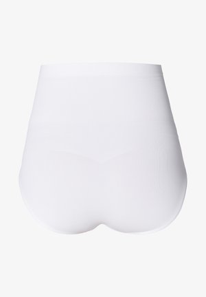 Hoch geschnittene weiße nahtlose Unterwäsche aus weichem, dehnbarem Stoff mit einer glatten, gerippten Textur und ohne sichtbare Nähte.