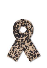 Sciarpa in stampa leopardata beige e nera, realizzata in tessuto morbido. Presenta bordi frangiati e un design ampio e fluido per uno stile versatile.