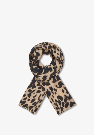 Sciarpa in stampa leopardata beige e nera, realizzata in tessuto morbido. Presenta bordi frangiati e un design ampio e fluido per uno stile versatile.