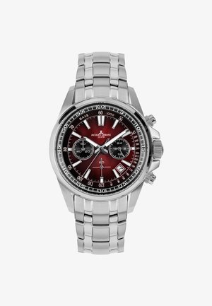 Reloj de acero inoxidable con caja redonda, esfera de color rojo oscuro, tres subesferas, marcadores de hora plateados y brazalete de eslabones. Resistente al agua hasta 20 ATM.
