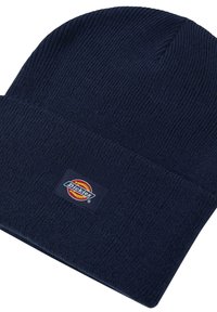Gorro de canalé azul marino con puño doblado que presenta un pequeño parche rectángulo en rojo, amarillo, blanco y azul con el texto "Dickies."