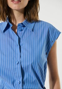 Blauwe shirt met korte mouwen met witte verticale strepen, knoopsluiting vooraan en een klassieke kraag. Gladdige stof met een ontspannen pasvorm.