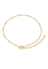 Goldene Kettenarmband mit runden Perlen, einem Karabinerverschluss und einer verstellbaren Kettenverlängerung zur Längenanpassung.