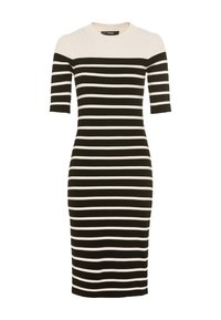 Robe à rayures noir et blanc avec un col rond et des manches courtes. Design ajusté, longueur genou, texture côtelée sur l'ensemble.