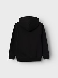 Felpa nera con cappuccio ampio, maniche lunghe, polsini e orlo a coste, e una texture di tessuto morbido, progettata per un uso casual.