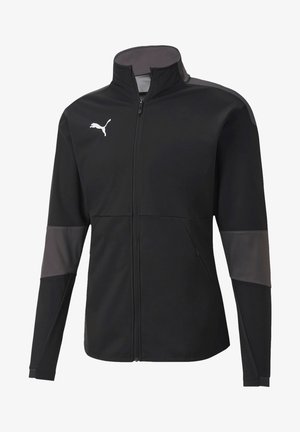 Black athletic jacket with a full zip, high collar, and gray accents on shoulders and sleeves. Features a logo on the left chest.