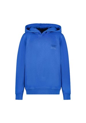 Blauwe hoodie gemaakt van zachte stof. Heeft een voorkantzak en ribgebreide mouwen. Tekstdetail op de borst. Geen patronen of grafische elementen.