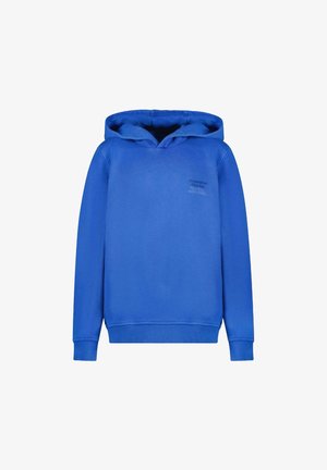 Blauwe hoodie gemaakt van zachte stof. Heeft een voorkantzak en ribgebreide mouwen. Tekstdetail op de borst. Geen patronen of grafische elementen.