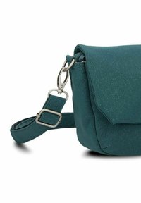 Borsa a tracolla sintetica color turchese con patta pieghevole, superficie texturizzata, tracolla regolabile e chiusura in metallo argentato.