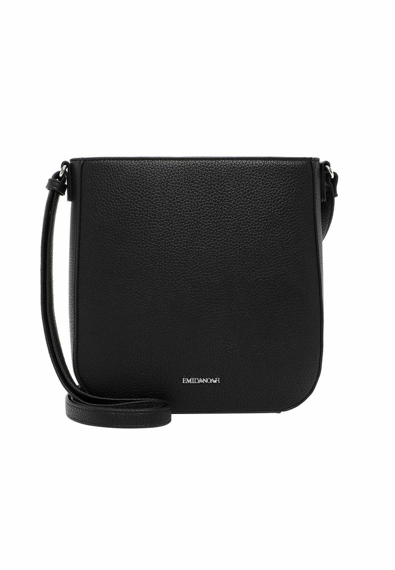 Bolso cruzado de cuero negro con textura granulada, forma rectangular y correa ajustable. Presenta un discreto logo en relieve en la parte frontal.